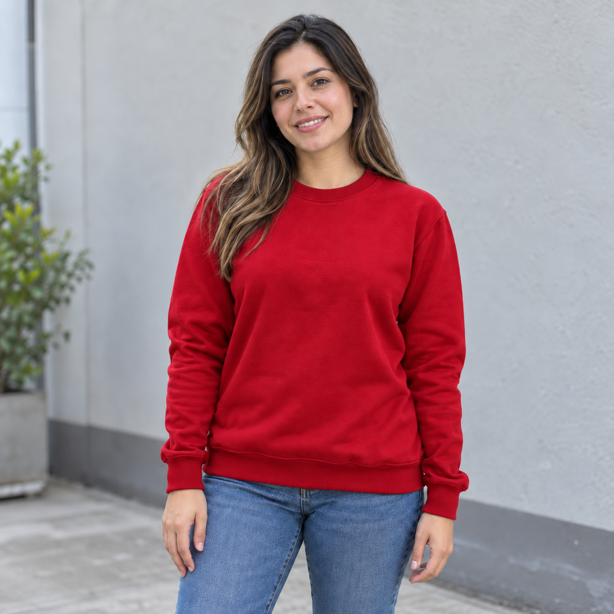 Modelo con buso rojo de cuello redondo — referencia ilustrativa generada