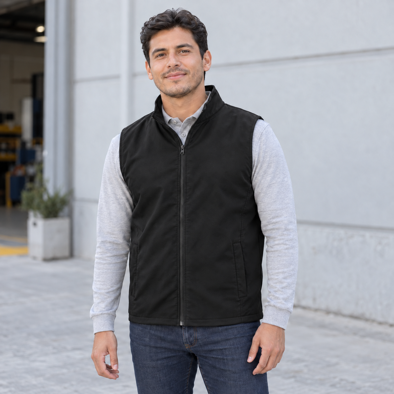 Modelo con chaleco corporativo negro — referencia ilustrativa generada